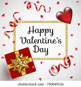 Valentines day greeting card with red gift box, serpentine streamers and glass hearts