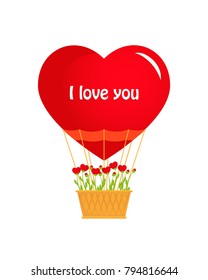 Valentines day greeting card, red air balloon hearts, flowers hearts in basket, greeting inscription, I Love You