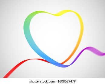 Valentines day greeting card: ribbon in heart shape painted as the rainbow flag on white background. Symbol of gay love. Sign of LGBT love and gay pride. EPS 10, vector illustration.