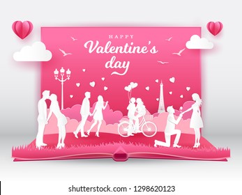 Valentine's Day Greeting Card With Romantic Couples In Love. 3D Digital Pop Up Book With Paper Cut Style Vector Illustration