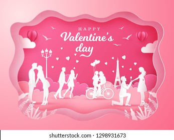 Valentine's Day greeting card with romantic couples in love on pink background. paper cut style vector illustration