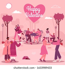 Valentine's Day greeting card with romantic couples in love with modern flat style vector illustration