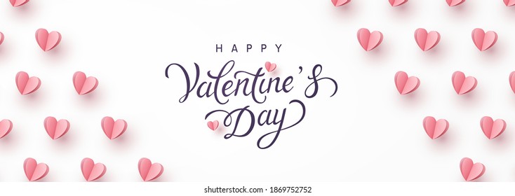 Valentine's Day greeting card and romantic paper flying hearts on white background. Vector pink symbols of love with lettering postcard or banner design