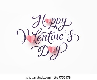 Valentine's Day greeting card and romantic paper flying hearts on white background. Vector pink symbols of love with lettering postcard or banner