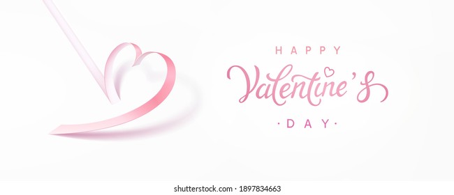 Valentine's Day greeting card and romantic paper ribbon heart on white background. Vector pink symbol of love with lettering postcard or banner