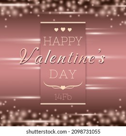 Valentine's Day greeting card. Romantic background with glowing stars, lights and bright hearts. Congratulations text in golden frame. Vector illustration for romantic cards, invitations