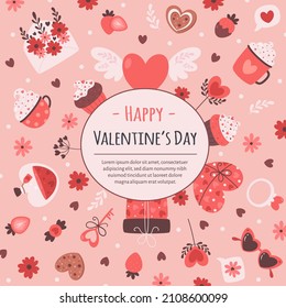 Valentines Day greeting card. Valentines Day and romantic elements. Vector illustration