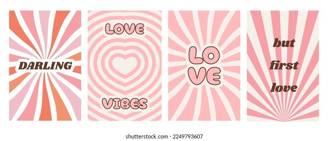 Valentines day greeting card with romantic girly text. Contemporary funky groovy hippie love posters. Set of simple abstract background in trendy retro 60s 70s style. Vector flat illustration.