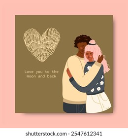 Valentine's Day Greeting Card with a romantic couple in love. Vector.