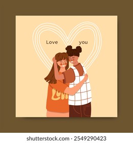 Valentine's Day Greeting Card with a romantic couple in love. Vector.