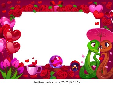 Valentines day greeting card, romantic festive frame with two snakes under a pink umbrella, red roses, heart balloons, tulips, coffee cup, love globe and ring box. Template for notes or invitation