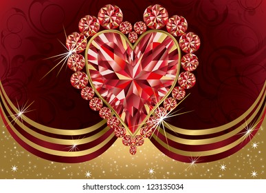 Valentine's day greeting card  with ruby heart , vector illustration