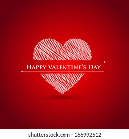 Valentines Day greeting card. Scribble heart with Happy Valentine`s Day message on red background