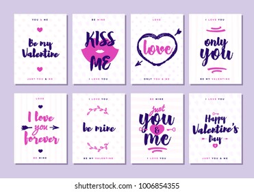 Valentines day greeting card set with sign i love you forever, just you and me on cute background for decoration, banner sale, promotion, party poster, stamp, label, special offer. Vector Illustration