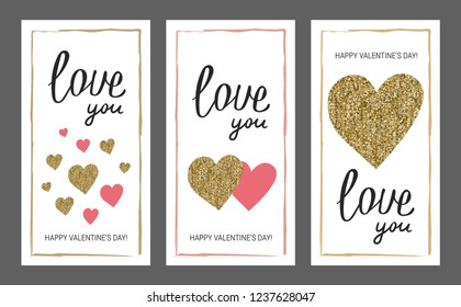 Valentine's day greeting card set. Gold and pink colors. Love you. Glitter texture. Hand drawn heart. Design for wedding. February 14