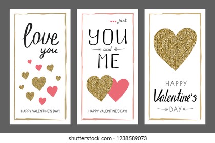 Valentine's day greeting card set. Gold and pink colors. Love you. Glitter texture. Hand drawn heart. Design for wedding. February 14