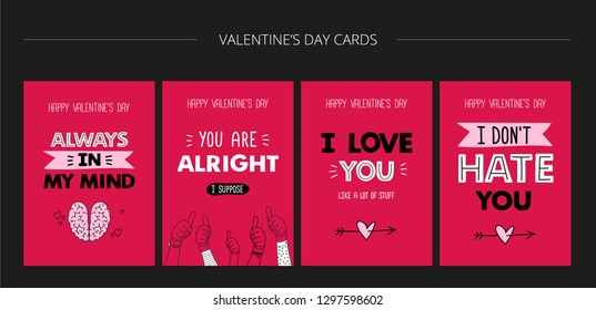 Valentine's day greeting card set. Funny phrases. Hand drawn. Vector