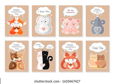 Valentine's day greeting card set with cute animals. Hugging foxes, hedgehogs, pigs, mice, dogs, cat and rabbit, squirrels, owls. I love you. Be my Valentine. Vector illustration