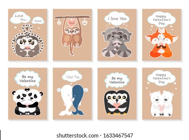 Valentine's day greeting card set with cute animals. Hugging lemurs, sloths, raccoons, foxes, pandas, whales, penguins, polar bears. I love you. Be my Valentine. Vector illustration