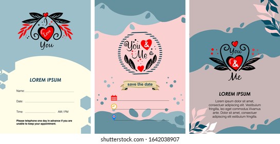Valentine's day greeting card set with hearts. Gold, black, pink, white colors. Hand drawn hearts. Design for valentine Be mine. You and me.