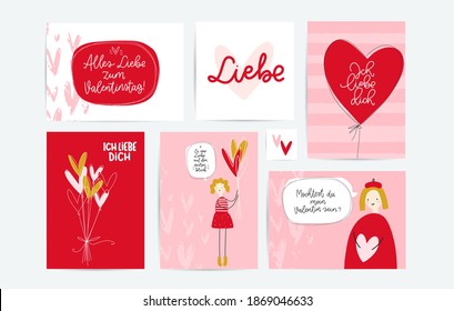 Valentines day greeting card set in German language. Happy Valentines day, I love you deutsch translation, cartoon characters with speech bubble, heart balloon red and pink clipart.