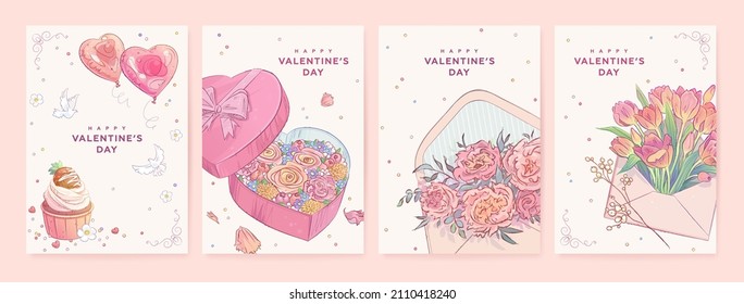 El juego de tarjetas de felicitación del día de San Valentín con caja de regalo, sobre, ramo, globos de helio, corazón y palomas. Ilustración vectorial dibujada por mano