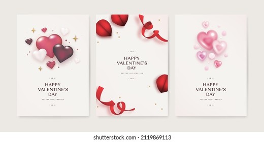 Valentine's day greeting card set with  the decor of red, pink and white hearts and realistic red petals. Festive elegant background. Vector illustration