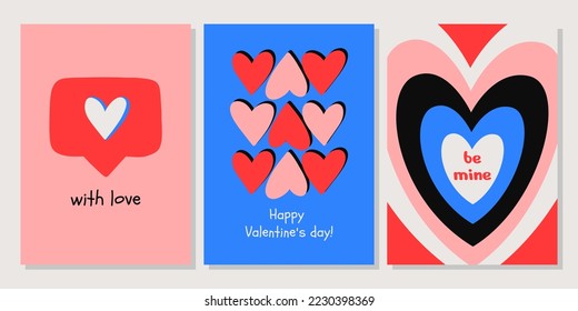 Valentine's Day greeting card set. Hand drawn trendy cartoon heart, love lettering. Vector illustration