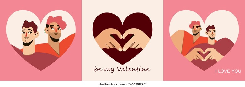 valentine's day greeting card set, couple of people in love, heart shaped hand gesture, flat modern design style