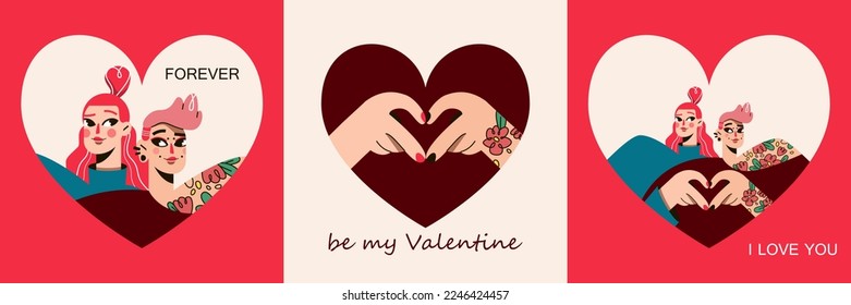 valentine's day greeting card set, couple of people in love, heart shaped hand gesture, flat modern design style