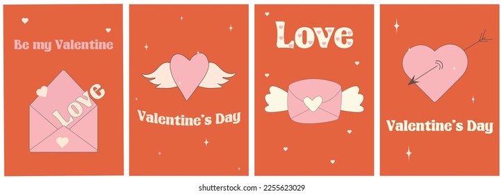 Valentine's day greeting card set. y2k. Posters for Valentine's Day. Happy Valentines Day. Set retro groovy posters for Valentine's day. Groovy heart.Trendy retro 90s style.Cartoon style.2000s.