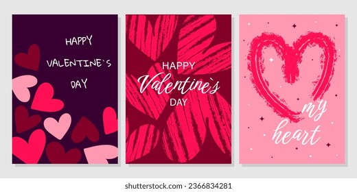 Valentine's Day greeting card set. Hand drawn trendy cartoon heart, love lettering. Vector illustration