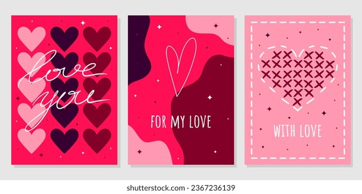 Valentine's Day greeting card set. Hand drawn trendy cartoon heart, love lettering. Vector illustration