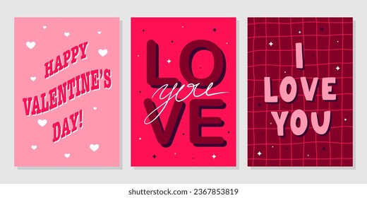 Valentine's Day greeting card set. Hand drawn trendy cartoon heart, love lettering. Vector illustration