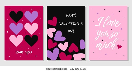 Valentine's Day greeting card set. Hand drawn trendy cartoon heart, love lettering. Vector illustration