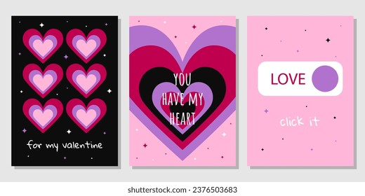 Valentine's Day greeting card set. Hand drawn trendy cartoon heart, love lettering. Vector illustration