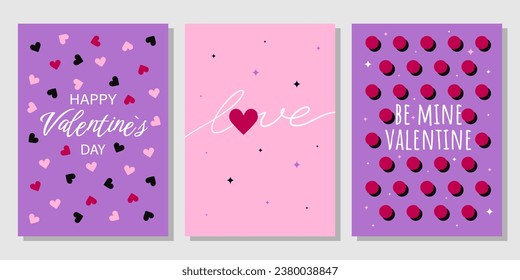 Valentine's Day greeting card set. Hand drawn trendy cartoon heart, love lettering. Vector illustration