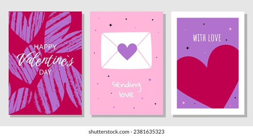 Valentine's Day greeting card set. Hand drawn trendy cartoon heart, love lettering. Vector illustration