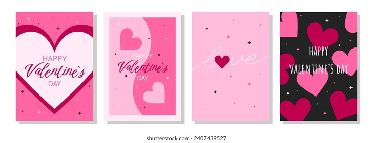 Valentine's Day greeting card set. Hand drawn trendy cartoon heart, love lettering. Vector illustration