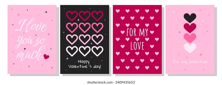 Valentine's Day greeting card set. Hand drawn trendy cartoon heart, love lettering. Vector illustration