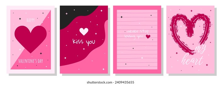 Valentine's Day greeting card set. Hand drawn trendy cartoon heart, love lettering. Vector illustration