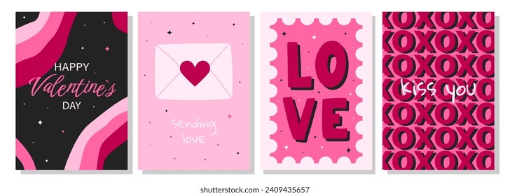 Valentine's Day greeting card set. Hand drawn trendy cartoon heart, love lettering. Vector illustration