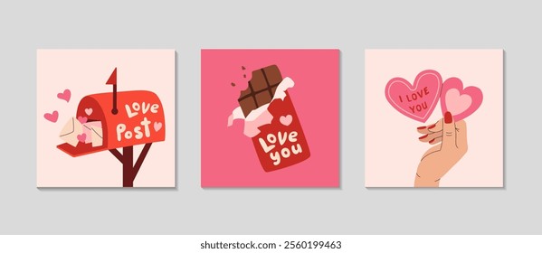 Valentines Day Greeting Card set. Square posters February 14 celebration of love. Red mailbox, chocolates and Valentine cards clipart. Social media background. Vector flat illustration.