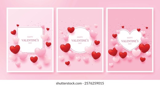 Valentine's Day greeting card set 3d pink and red heart balloons, confetti, and the message "Happy Valentine's Day" in a white frame. vector illustration for card, cover, social post.