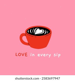 Valentine's day greeting card set in hand drawn style. Cute doodle poster with cup of coffee. Valentine's day invitation card in flat style.