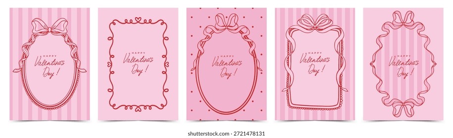 Valentine's Day greeting card set. Trendy Vintage coquette ribbon frames and borders. Romantic design template for Valentine’s Day celebration, wedding invitation, birthday, poster, menu