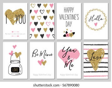 Valentine's day greeting card set with hearts. Gold, black, pink, white colors. Gift tags with gold glitter texture. Hand drawn hearts. Design for valentine and wedding. Hello. Be mine. You and me.