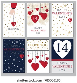 Valentine's day greeting card set with hearts. Gold, blue,deep red, white colors. Gift tags with hearts and stars. Design for valentine and wedding. Happy Valentine's Day. I love you. 14 february.