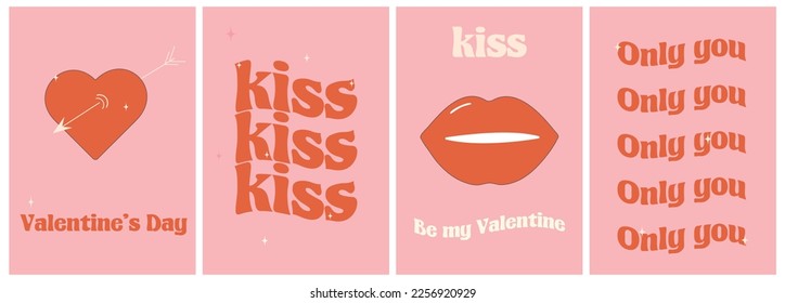 Valentine's day greeting card set.Posters for Valentine's Day.y2k.Happy Valentines Day. Set retro groovy posters for Valentine's day.Groovy heart.Trendy retro 90s style.Cartoon style.2000s.