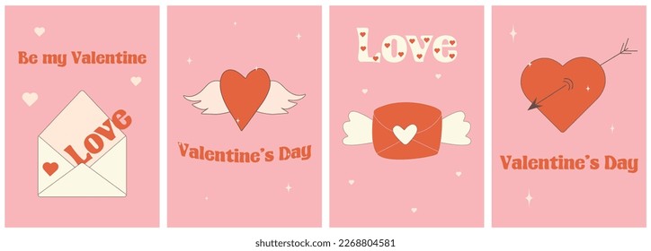 Valentine's day greeting card set.Posters for Valentine's Day.Happy Valentines Day. Groovy heart.Trendy retro 90s style.y2k.Cartoon style.2000s.Set retro groovy posters for Valentine's day.